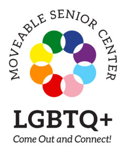 a flower like logo in the pride and trans colors for the LGBTQ+ Moveable Senior Center encouraging people to come out and connect!